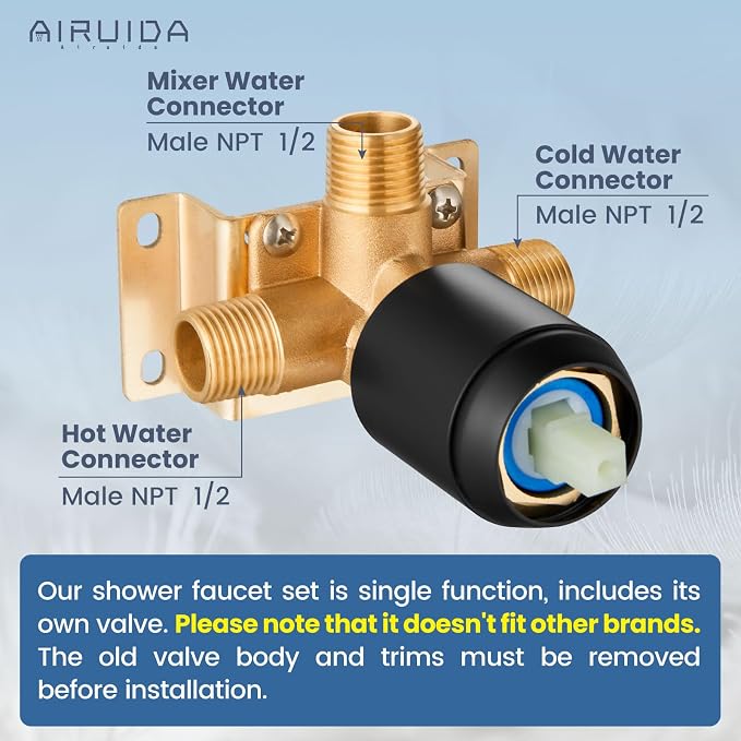 Airuida Square Single-Function Brass Faucet Shower Rough-in Valve Male Thread - Image 2