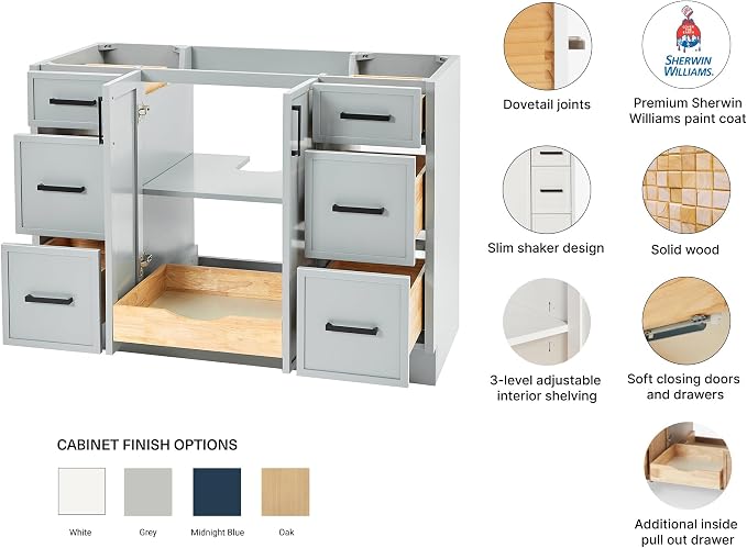 ARIEL Kelly 48 inch Bathroom Vanity Without Sink in Grey, Bathroom Base Cabinet - Image 4