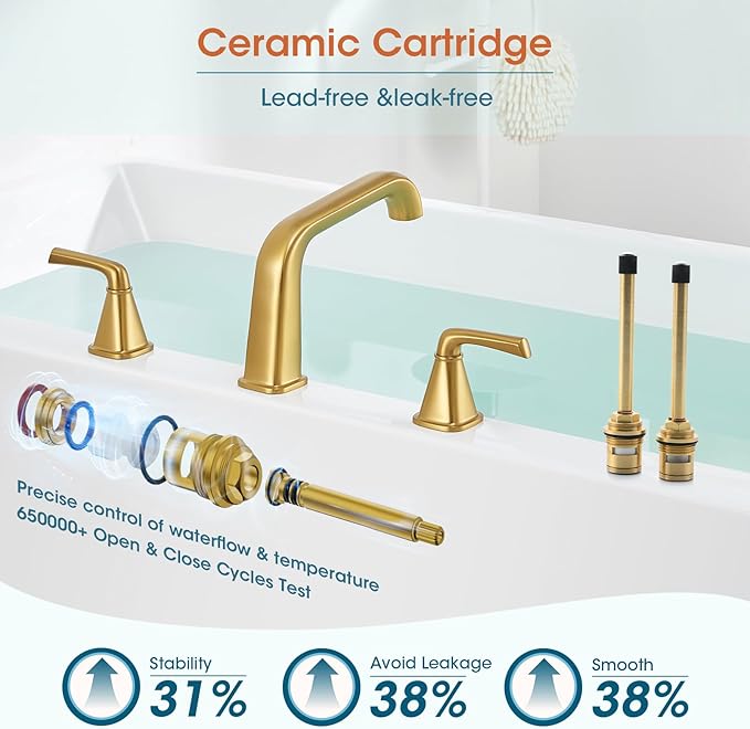 Bathtub Faucet Set 3 Hole, Brushed Gold Roman Bathtub Faucet, High Flow Deck - Image 4