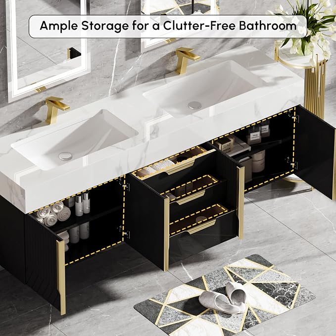homary 59" Floating Bathroom Vanity Set, Wall-Mounted Double Vessel Sink - Image 3