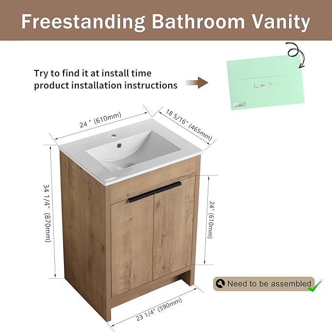 24 Inch Bathroom Vanity with Ceramic Sink, Freestanding Brown Single Sink - Image 2