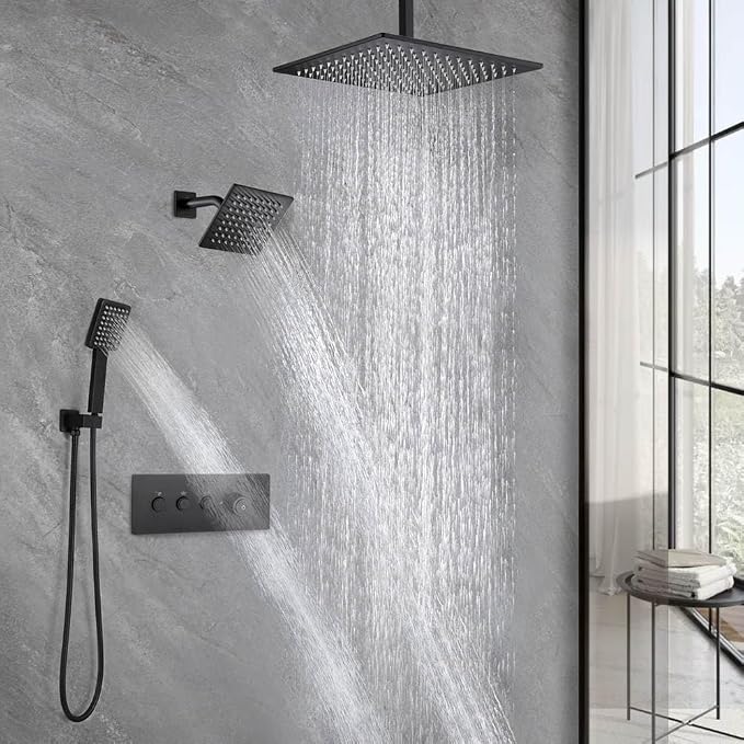 POP SANITARYWARE Matte Black Shower Faucet Set Bathroom Rainfall Shower System - Image 2