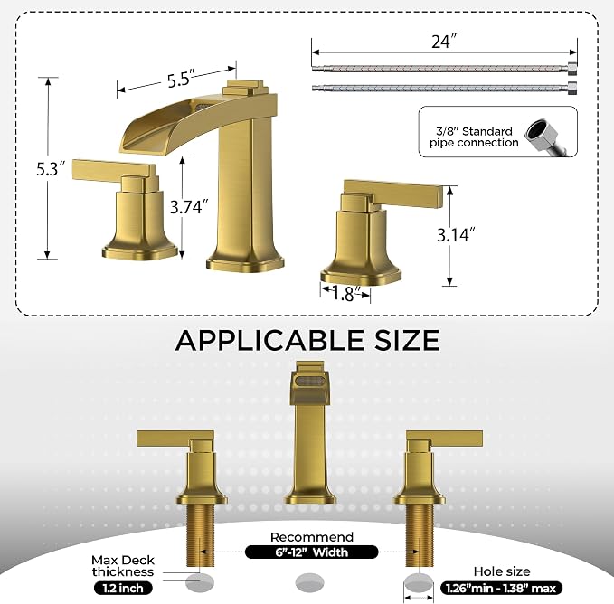 FORIOUS Brass Waterfall Brushed Gold Bathroom Faucets 3 Hole, Modern Widespread - Image 2