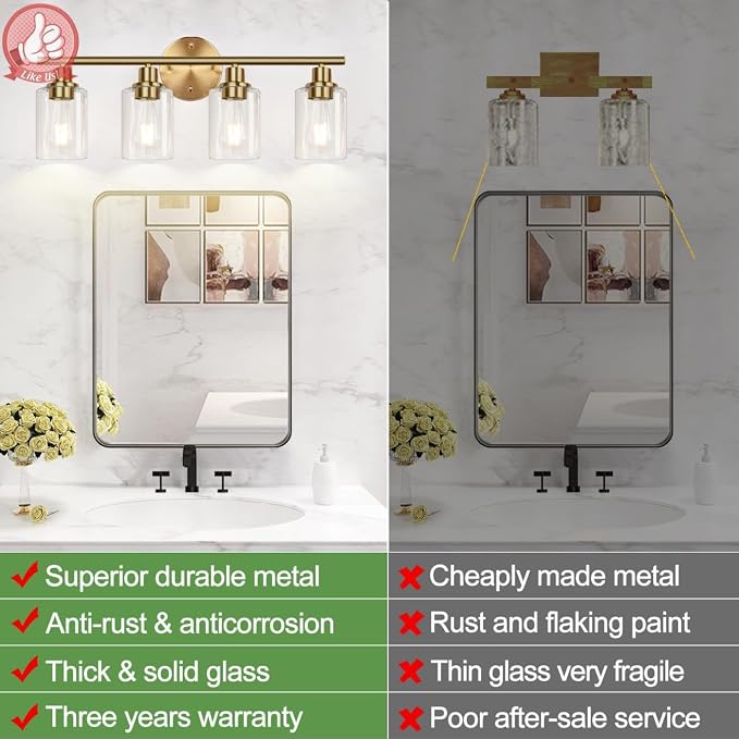 4-Light Bathroom Light Fixtures, Brushed Gold Modern Vanity Lights Over Mirror - Image 2