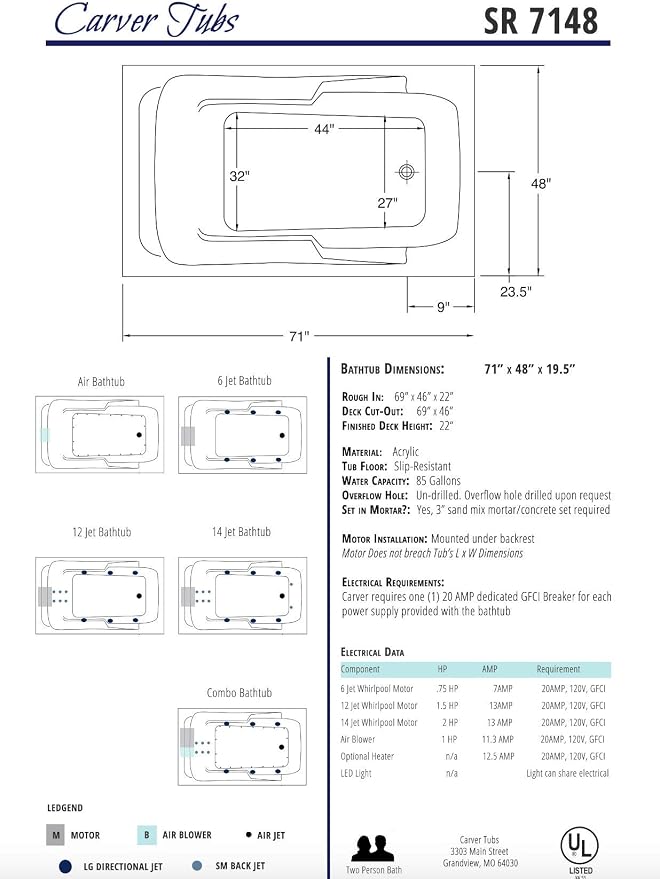 Carver Tubs - SR7148 - Modern Acrylic Fiberglass Whirlpool Water Massage Bathtub - Image 5