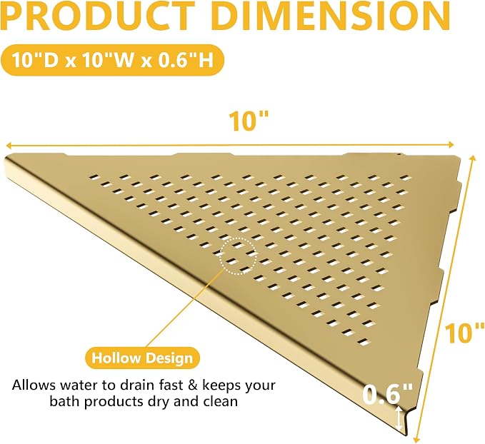 Neodrain 10 Inch Golden Bathroom Corner Shelf Set of 2, Floating Corner Shelves - Image 2