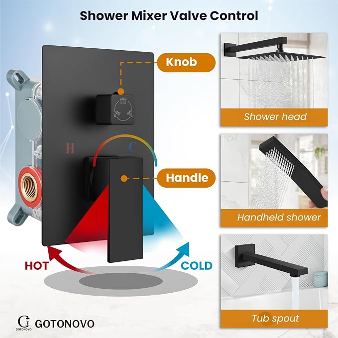 gotonovo Shower System with Tub Spout Wall Mounted Rain Shower Head and Handle - Image 3