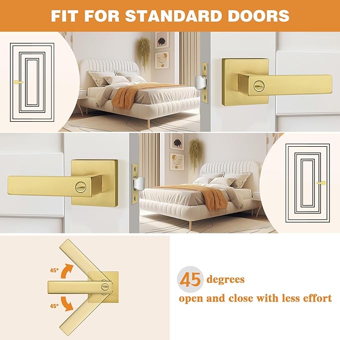 Probrico Heavy Duty Flat Gold Door Handles Square Privacy Interior Door Levers - Image 5