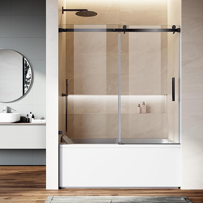 Frameless Sliding Bathtub Door, Matte Black Finish by SL4U