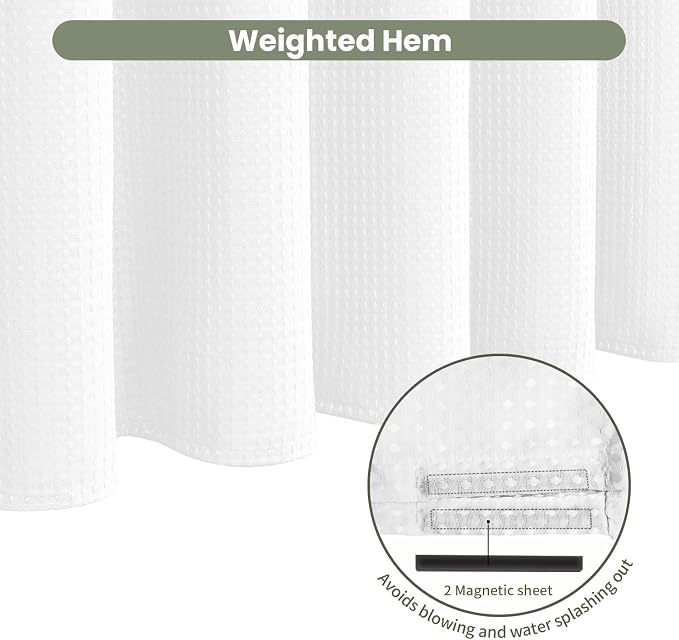 Inhousolu Fabric Shower Curtain Waffle Weave, 230 GSM Heavy Duty, Weighted Hem - Image 5