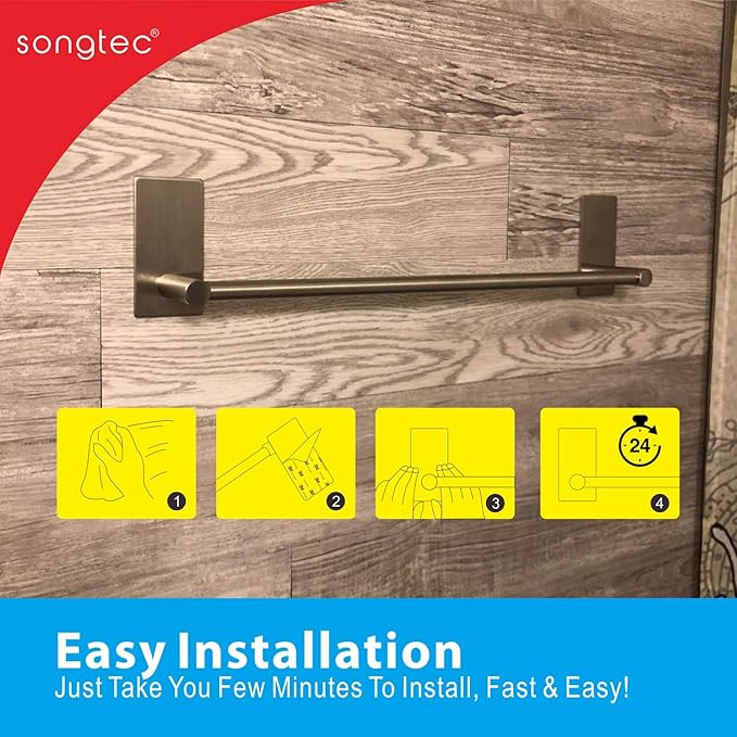 Songtec Bathroom Towel Bar 16-inch, No Drill Stick On Towel Rack, Easy Install - Image 7