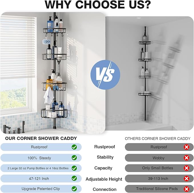 Corner Shower Caddy Tension Pole: Stainless Steel Rustproof 4-Tier Shower - Image 3