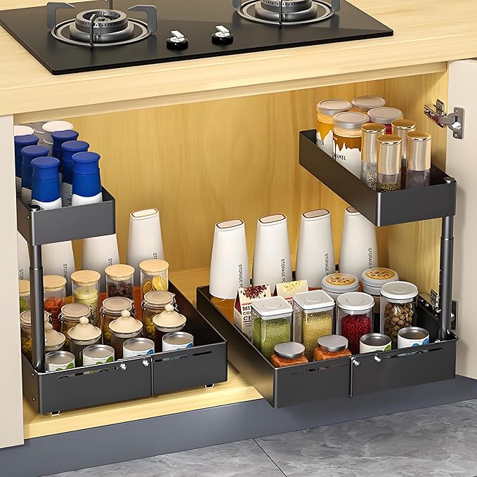 Under Sink Organiser, 2 Tier Pull Out Cabinet Organiser, Height Adjustable Out - Image 6