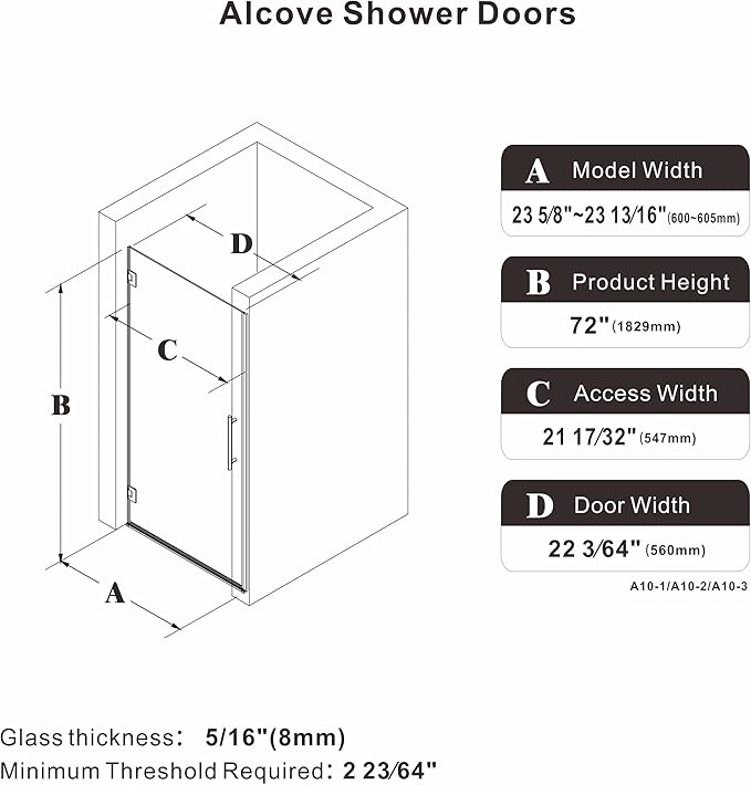 23.6-23.8" x 72" Frameless Hinged Shower Door, Single Swing Shower Panel - Image 8