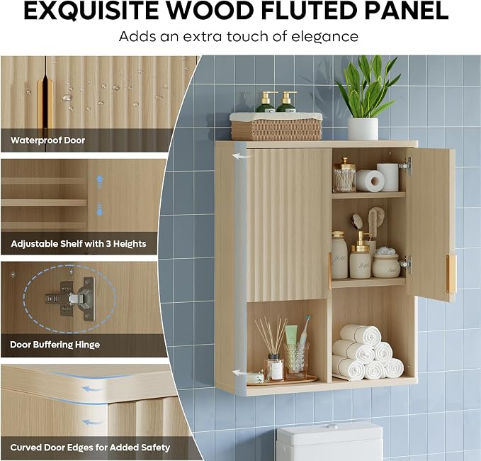 Bestier Fluted Bathroom Wall Cabinet Over The Toilet Storage, Laundry Cabinet - Image 4
