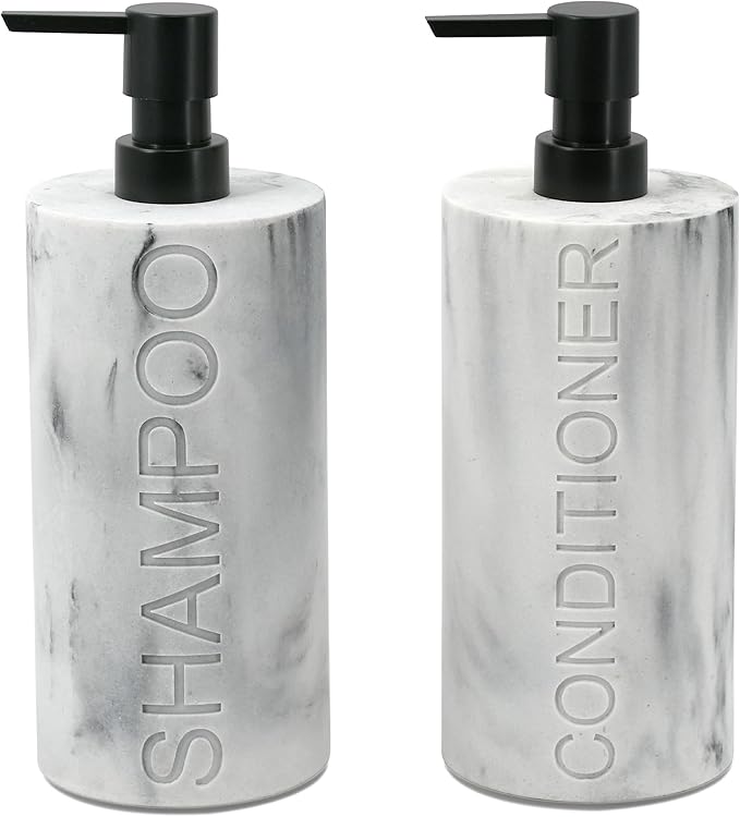Marble Resin 2 Piece Shampoo and Conditioner Dispenser Set, Luxurious by IndecorHome