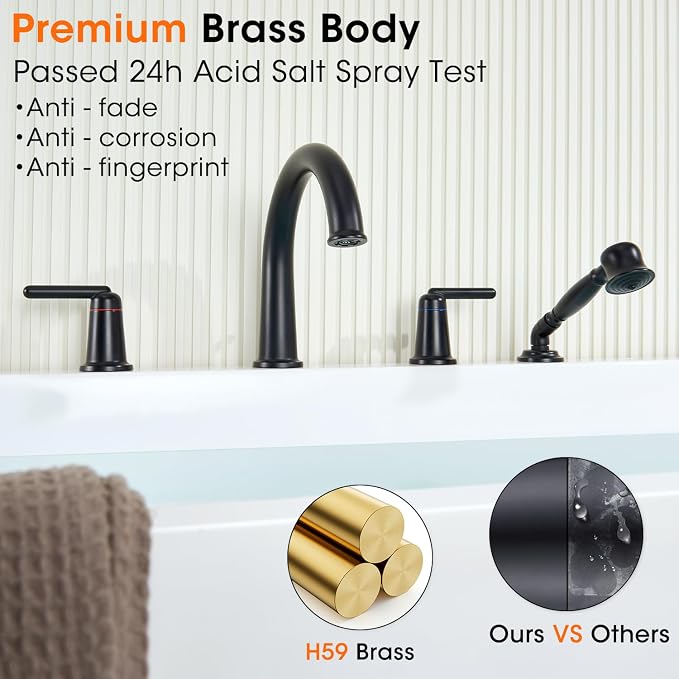 Bathtub Faucet Trim Kit with Hand Shower and Rough-in Valve Deck Mount 4 Hole - Image 9