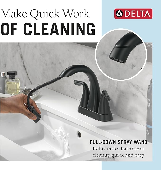 Delta Arvo Pull-Down Centerset Bathroom Faucet, Matte Black Bathroom Sink Faucet - Image 2