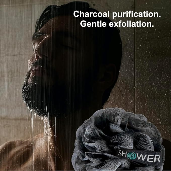 SHOWER BOUQUET Loofah-Charcoal Back-Scrubber 2-Pack // Long-Handle Bath-Sponge - Image 3