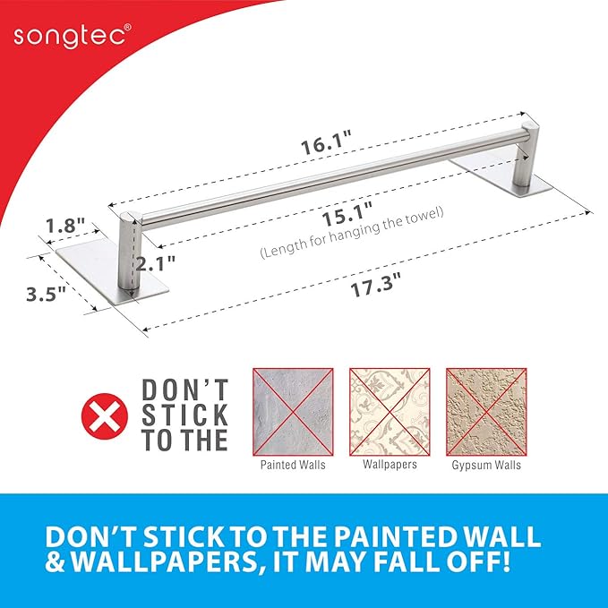Songtec Bathroom Towel Bar 16-inch, No Drill Stick On Towel Rack, Easy Install - Image 5