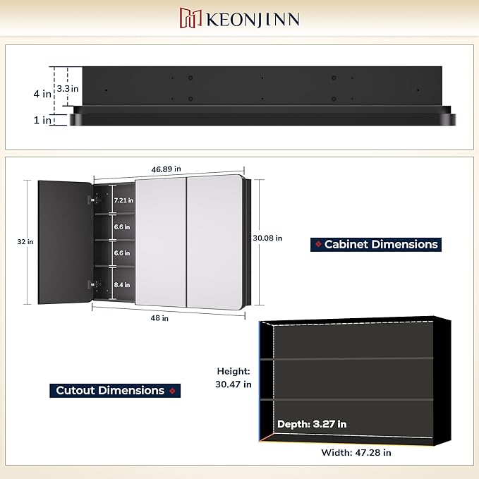 Keonjinn 48 x 32 Inch Large Black Medicine Cabinets, Recessed Bathroom Medicine - Image 2