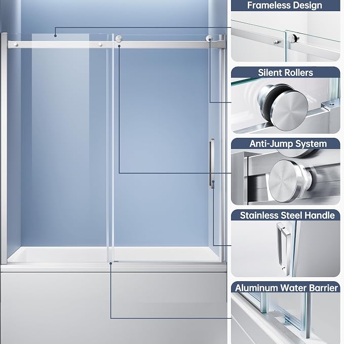 Bathtub Shower Door, 56-60" W x 60" H Frameless Single Sliding Tub Shower Door - Image 4