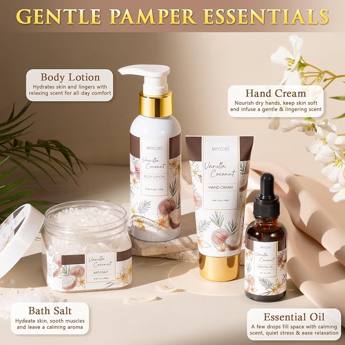 Christmas Birthday Gifts for Women, Vanilla Coconut Relaxing Spa Gift Baskets - Image 5