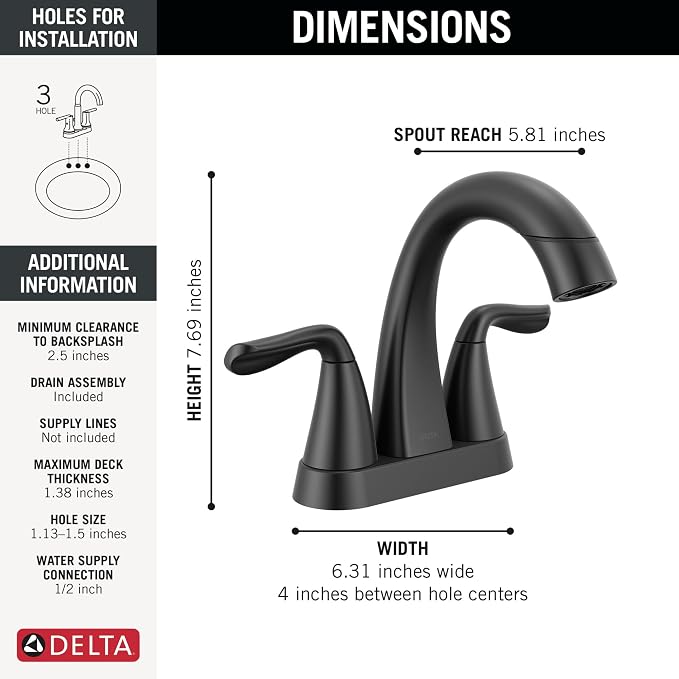 Delta Arvo Pull-Down Centerset Bathroom Faucet, Matte Black Bathroom Sink Faucet - Image 6