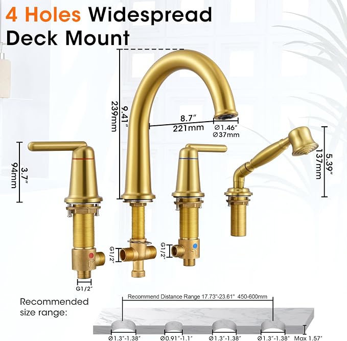 Roman Tub Faucet with Sprayer, Classic Bath Tub Faucet Set with Valve Brass 4 - Image 7