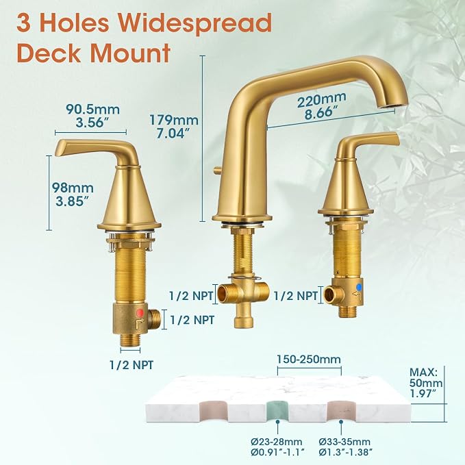Bathtub Faucet Set 3 Hole, Brushed Gold Roman Bathtub Faucet, High Flow Deck - Image 7