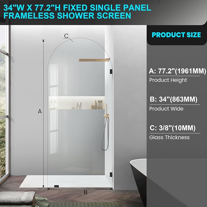 34" W ×77.2" H Shower Glass Door, Bathroom Framless Glass Shower Panel Door - Image 3