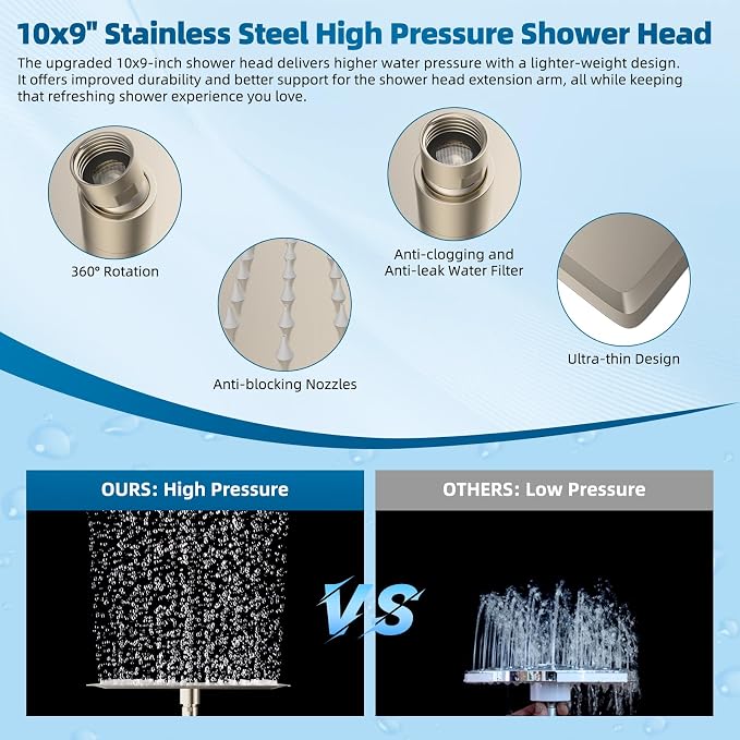 Hibbent All Metal Shower Head, 10 Sprays, Showerhead Holder, Brushed Nickel - Image 4