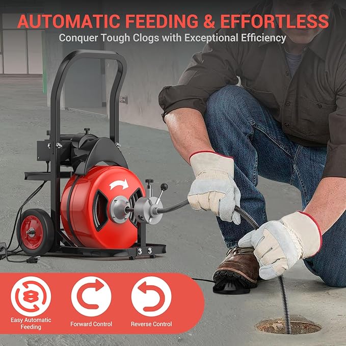 100Ft 3/4 Inch Cable Drain Cleaning Machine, 450W Auto Feed Portable Electric - Image 3