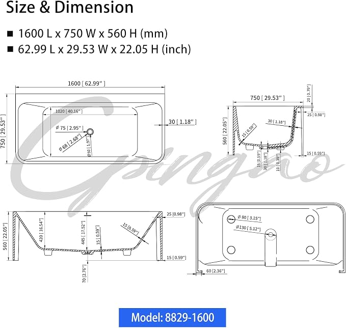 Cpingao 63" Stone Resin Freestanding Bathtub, Rectangular Shape Freestanding - Image 6