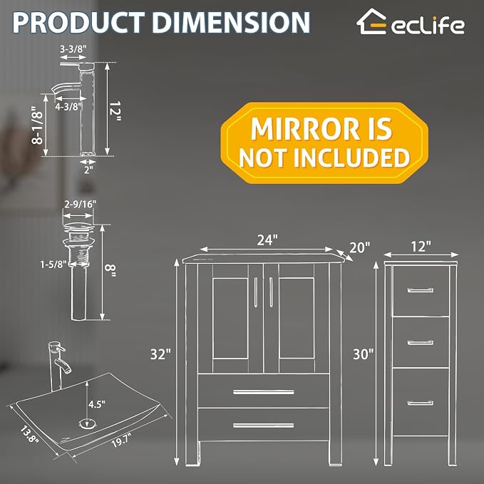 eclife 24" Modern Bathroom Vanity Sink Combo Freestanding Cabinet - Image 3