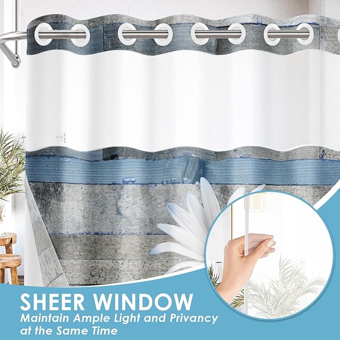 No Hook Blue Daisy and Butterfly Shower Curtain - Image 4