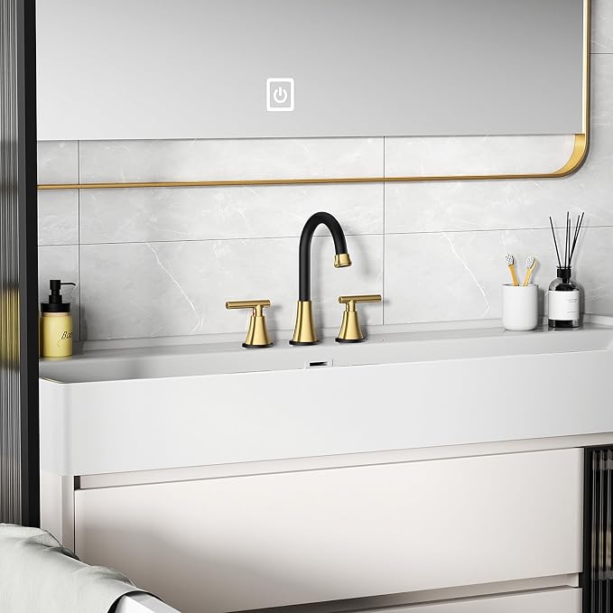 Bathroom Faucets for Sink 3 Hole, Hurran Black& Gold Bathroom Sink Faucet - Image 9
