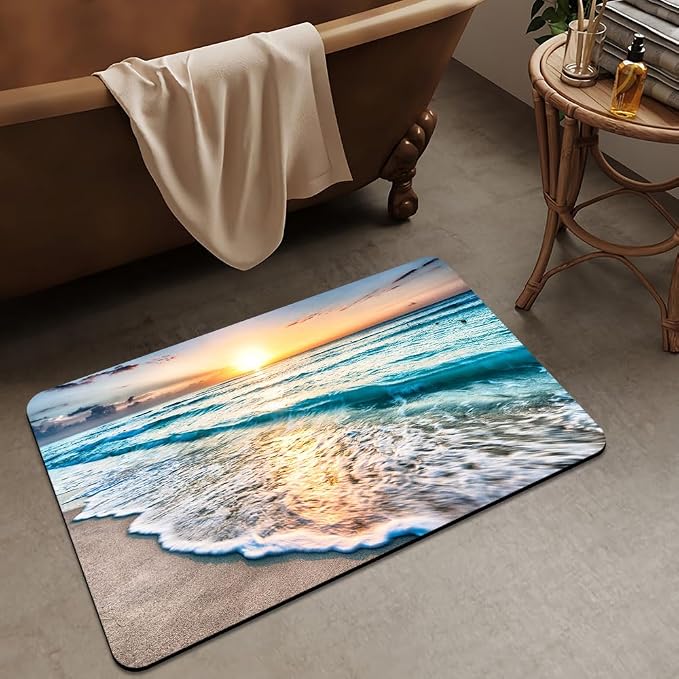 Bath Mat Rug, Sunset on Island Beach Non Slip Quick Dry Super Absorbent Thin - Image 3