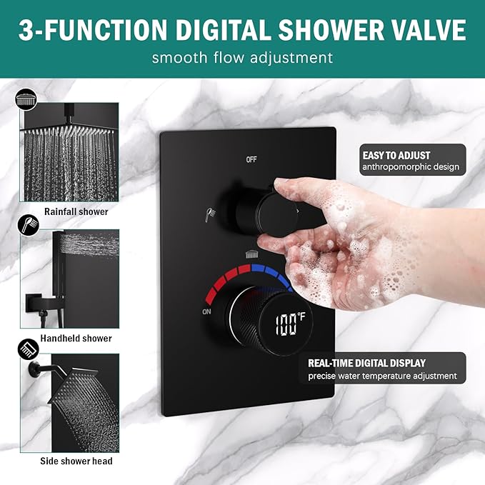 Digital Shower Valve 3 Way Diverter Temperature Display Shower Mixer 3-Function - Image 3