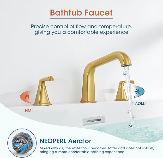 Bathtub Faucet Set 3 Hole, Brushed Gold Roman Bathtub Faucet, High Flow Deck - Image 6