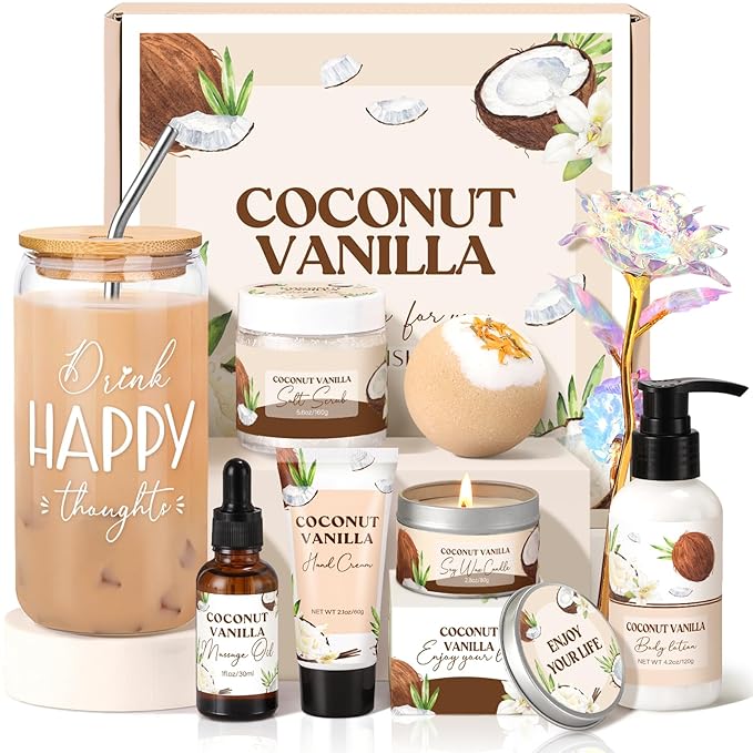 Spa Gift Baskets for Women, Vanilla Coconut Bath and Body Gifts Set for Women by GiftPeak