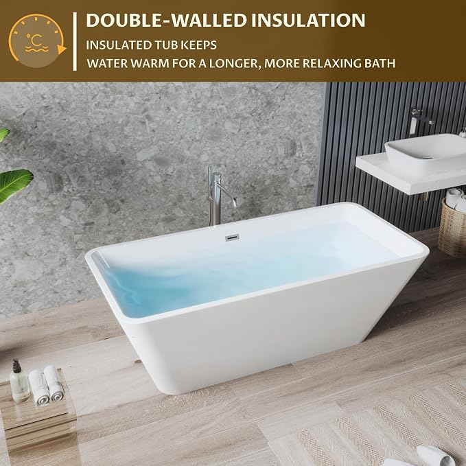 66 Inch Freestanding Bathtub, Acrylic Deep Soak Tub, Glossy White, Easy Install - Image 3
