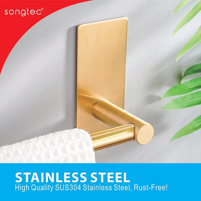 Songtec Gold Towel Bar 12-Inch, Adhesive Stick On Bath Towel Rack No Drill - Image 6