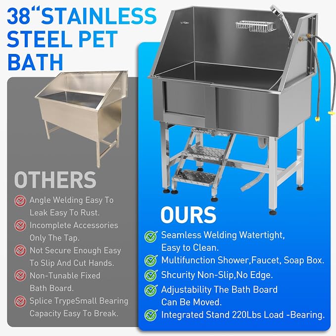 38-Inch Professional Stainless Steel Dog Grooming Tub - Image 3