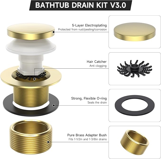 Brushed Gold Tub Drain, Brass Bathtub Drain Kit - Image 2