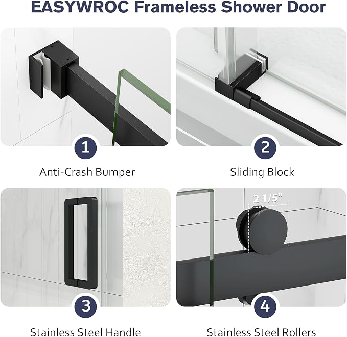 Frameless Shower Door, 43-48" W x 76" H Sliding Glass Shower Door, 1/4''(6mm - Image 8