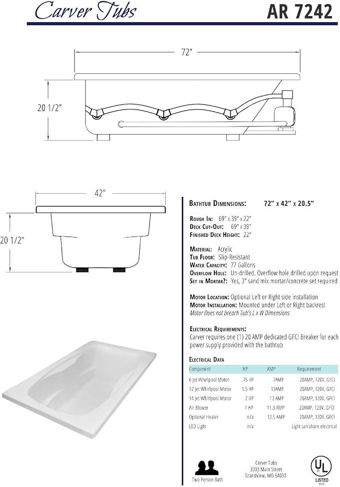 Carver Tubs - AR7242 - Acrylic Fiberglass Soaking Rectangle Bathtub - White Two - Image 8