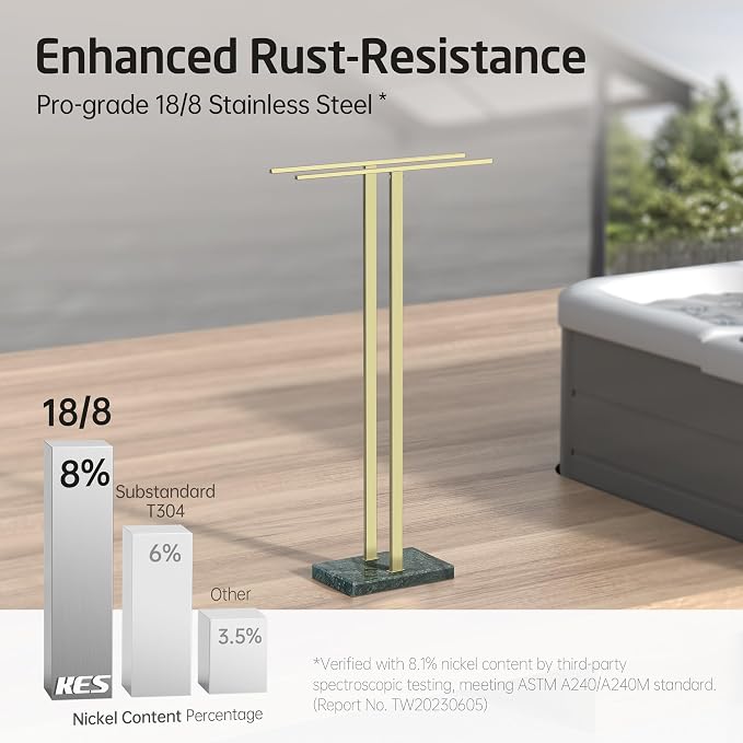 KES Standing Towel Rack with Green Natural Marble Base, Fits Large Bath Towel - Image 6
