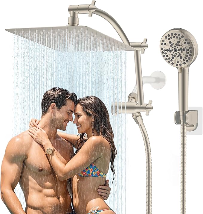 Hibbent All Metal Shower Head, 10 Sprays, Showerhead Holder, Brushed Nickel by Hibbent