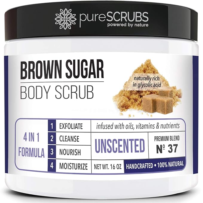 pureSCRUBS Premium Unscented Brown Sugar Body Scrub | Large 16oz Jar | Face by pureSCRUBS